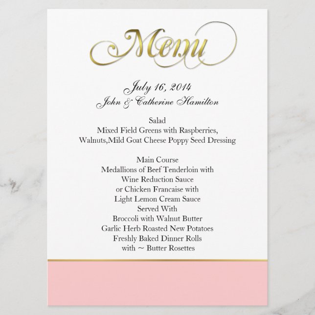 Chic Pink, White, and Gold Custom Wedding Menu (Front)