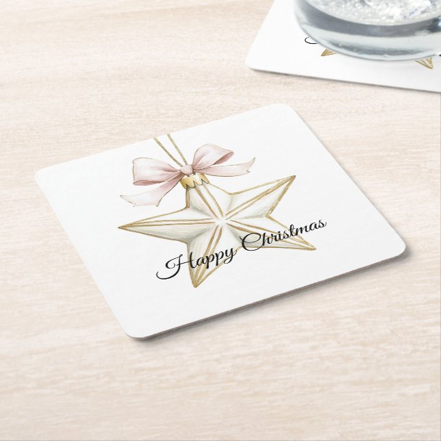 Chic Pink White Bow Star Christmas Square Paper Coaster (Angled)
