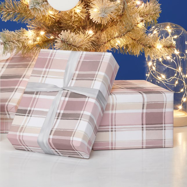 Chic Pink White Cream Plaid Stripes Christmas Wrapping Paper (Holidays)