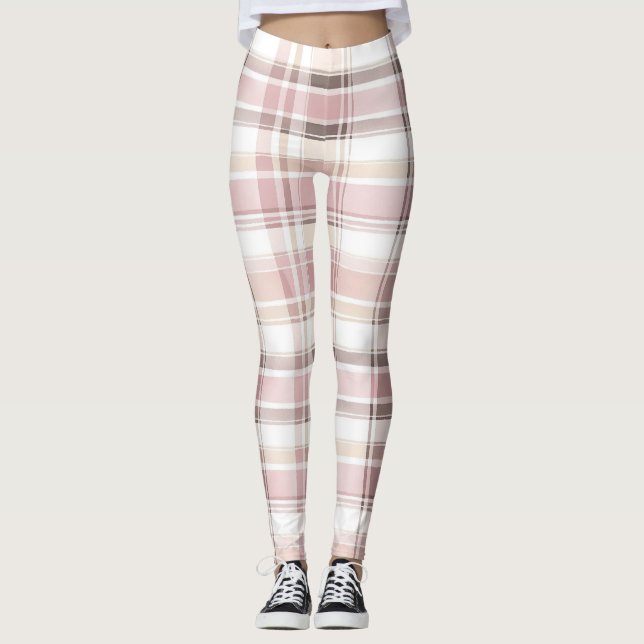 Chic Pink White Cream Plaid Stripes   Leggings (Front)