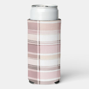 Chic Pink White Cream Plaid Stripes Seltzer Can Cooler