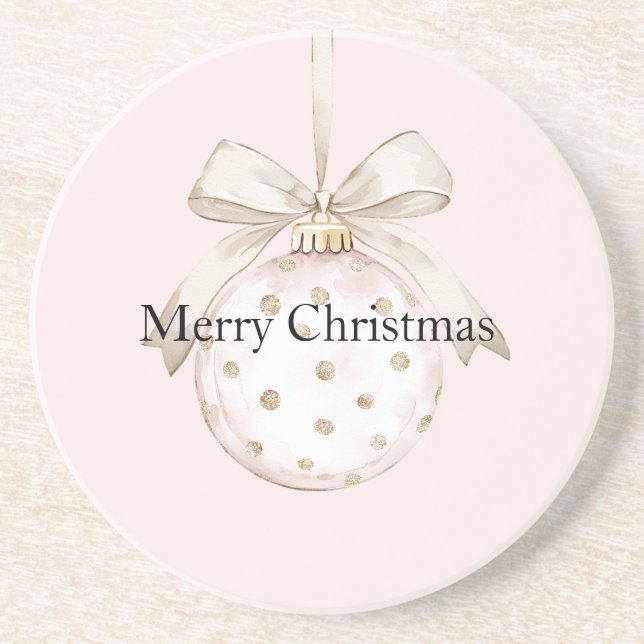 Chic Pink White Dots Bow Ornament Christmas Coaster (Front)