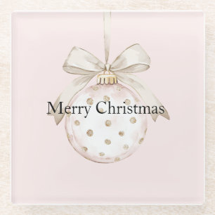 Chic Pink White Dots Bow Ornament Christmas Glass Coaster