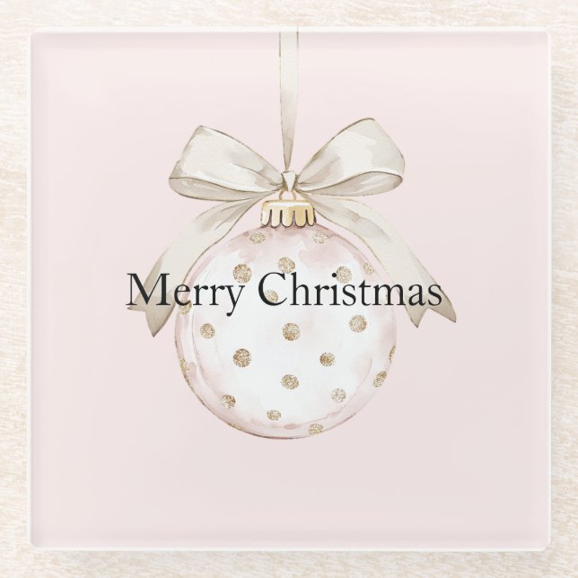 Chic Pink White Dots Bow Ornament Christmas Glass Coaster (Front)