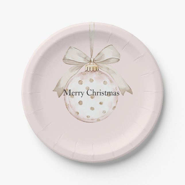 Chic Pink White Dots Bow Ornament Christmas Paper Plate (Front)