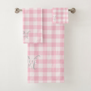 Chic pink white gingham monogram name bath towel set