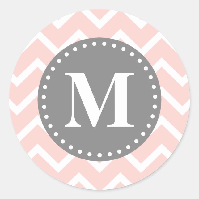 Chic Pink White Grey Zigzag Chevron Monogram Classic Round Sticker (Front)