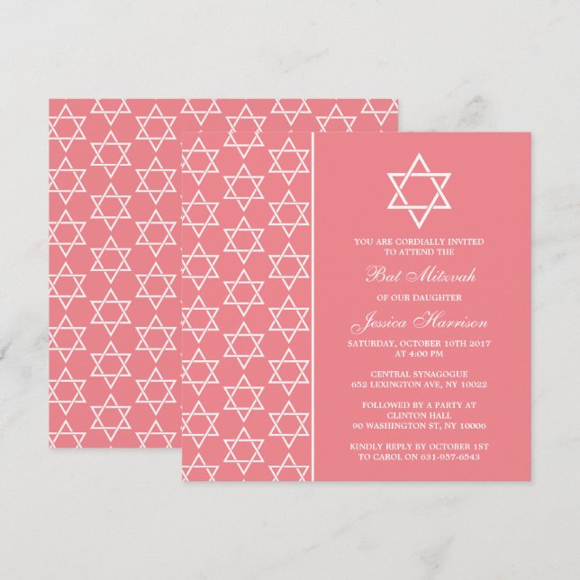 Chic Pink & White Jewish Star Of David Bat Mitzvah Invitation (Front/Back)