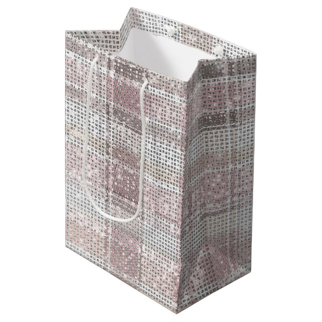Chic Pink White Plaid Stripes Christmas Sparkle Medium Gift Bag (Front Angled)
