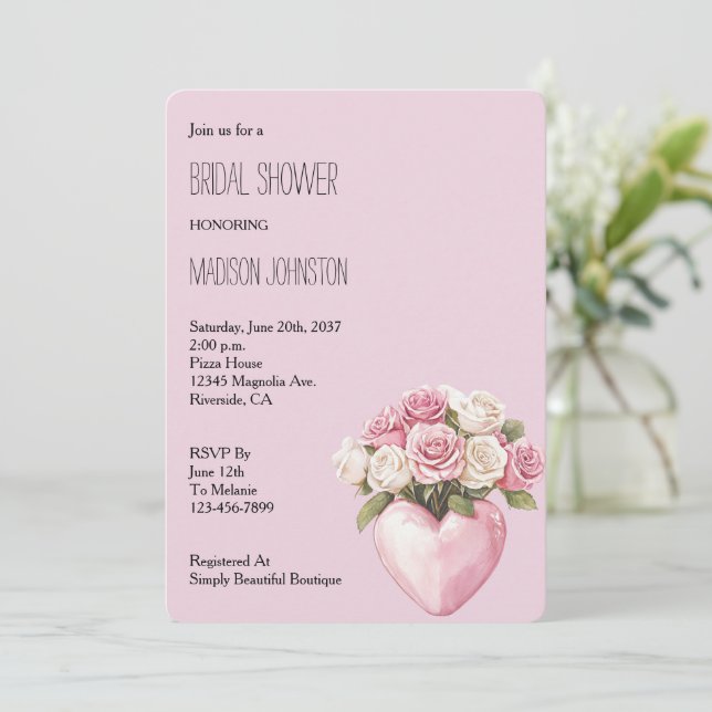 Chic Pink White Rose Floral Heart Bridal Shower Invitation (Standing Front)