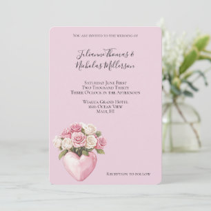 Chic Pink White Rose Floral Heart Wedding  Invitation