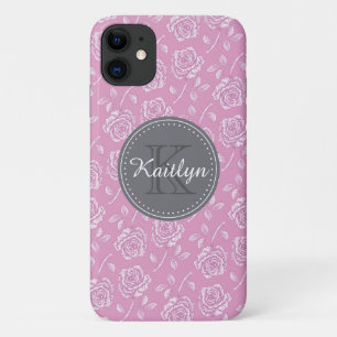 Chic Pink White Rose Pattern iPhone 11 Case
