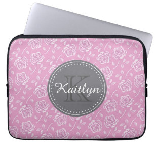 Chic Pink White Rose Pattern Laptop Sleeve