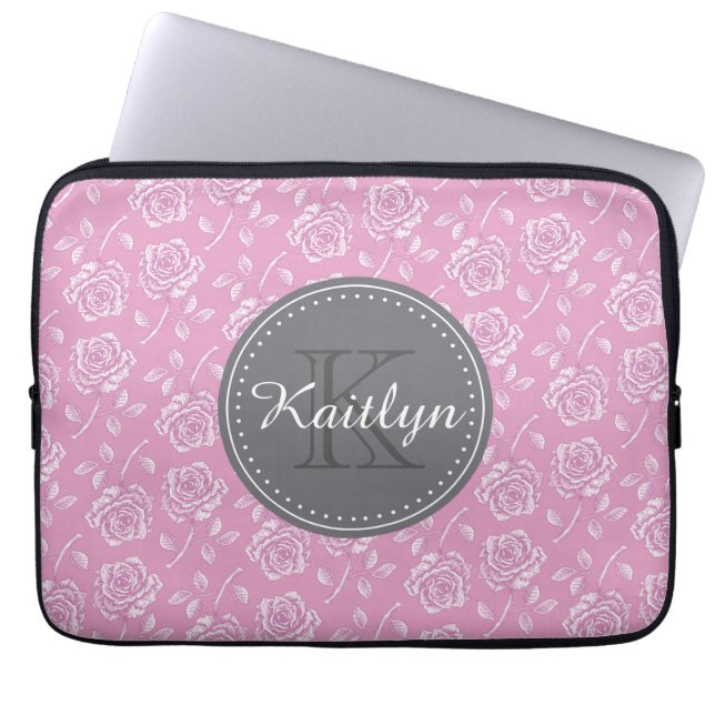 Chic Pink White Rose Pattern Laptop Sleeve (Front)