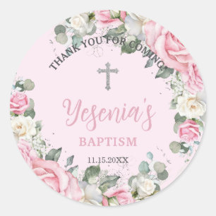 Chic Pink White Roses Floral Baptism Christening Classic Round Sticker