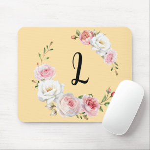 Chic Pink White Roses Initial Script Beige Mouse Mat