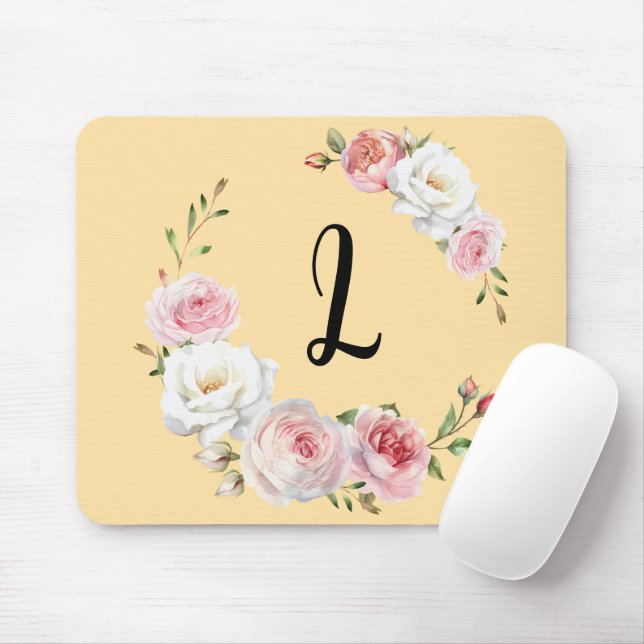 Chic Pink White Roses Initial Script Beige Mouse Mat (With Mouse)