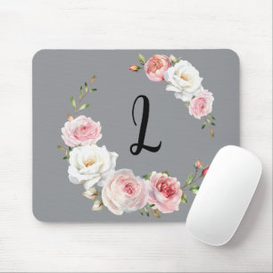 Chic Pink White Roses Initial Script Grey Mouse Mat