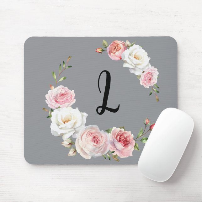 Chic Pink White Roses Initial Script Grey Mouse Mat (With Mouse)