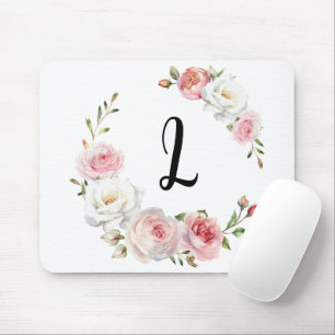 Chic Pink & White Roses Initial Script Mouse Mat