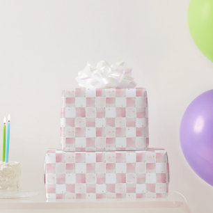 Chic Pink White Squares Birthday Wrapping Paper