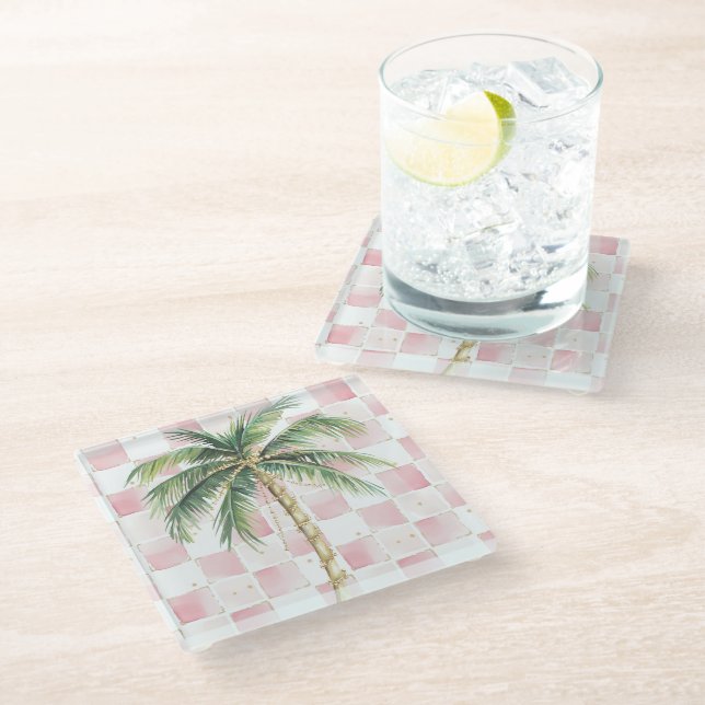 Chic Pink White Squares Gold Palm Tree  Glass Coaster (Angled)