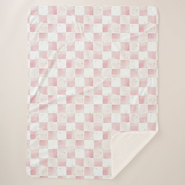 Chic Pink White Squares  Sherpa Blanket (Front)