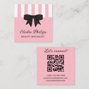 Chic Pink White Stripes & Preppy Bow Square Business Card
