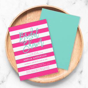 Chic Pink & White Stripes Turquoise Bridal Shower Invitation
