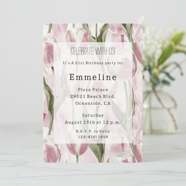 Chic Pink White Tulip Flowers Birthday Invitation (Standing Front)