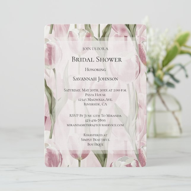 Chic Pink White Tulip Flowers Bridal Shower Invitation (Standing Front)
