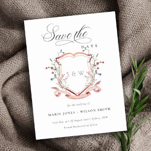 Chic Pink Wildflower Monogram Crest Save The Date Announcement Postcard