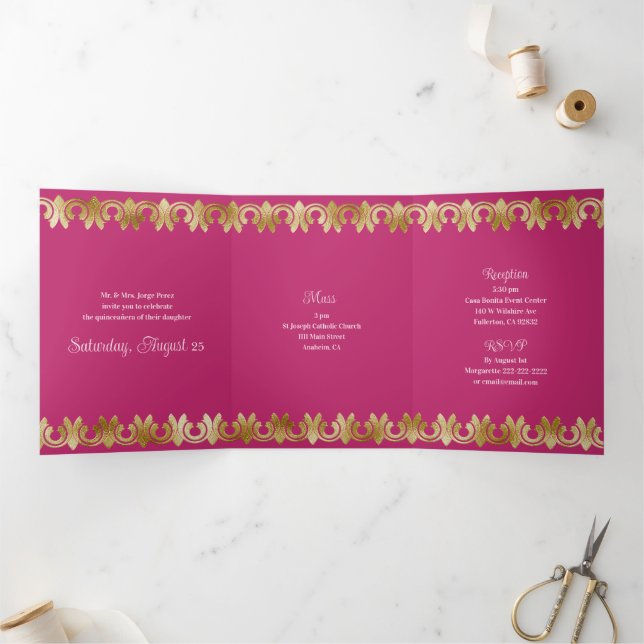 Chic Pink with Gold Quinceanera Party Invitation (Inside)
