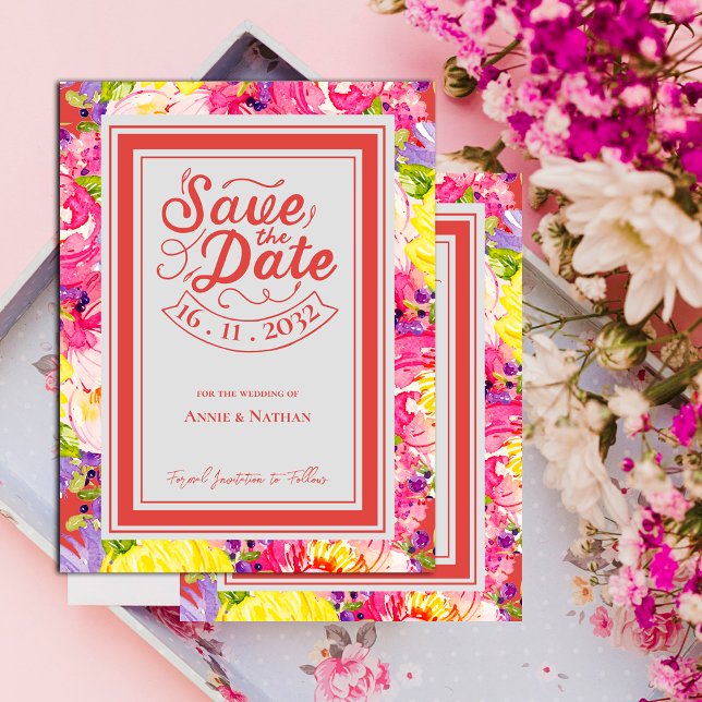 Chic Pink Yellow Flowers Bloom Floral  Wedding  Announcement Postcard (Chic Pink Yellow Flowers Bloom Floral Wedding Announcement Postcard)