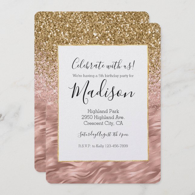 Chic Pink Zebra Print Glitz Invitation (Front/Back)
