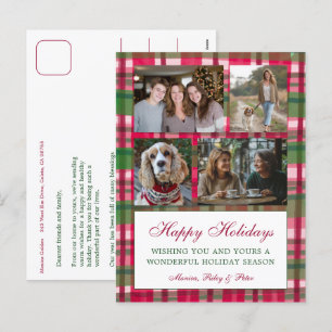 Chic Plaid Christmas Custom 4 Photo Collage  Holiday Postcard
