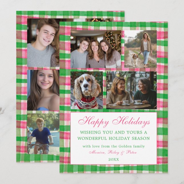 Chic Plaid Christmas Custom 9 Photo Collage Pink  Holiday Card (Front/Back)