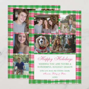 Chic Plaid Christmas Custom 9 Photo Collage Pink  Holiday Card