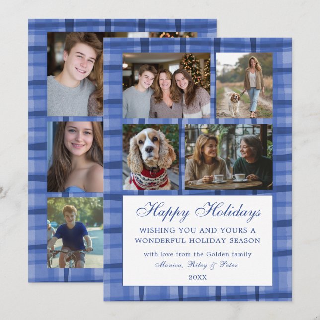 Chic Plaid HANUKKAH Custom 9 Photo Collage Blue Holiday Card (Front/Back)