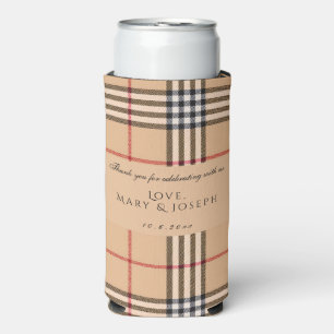 Chic Plaid Tan Wedding Customisable Text & Photo Seltzer Can Cooler