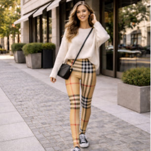 Chic Plaid Warm Tan Base Crisp White Black Brown  Leggings