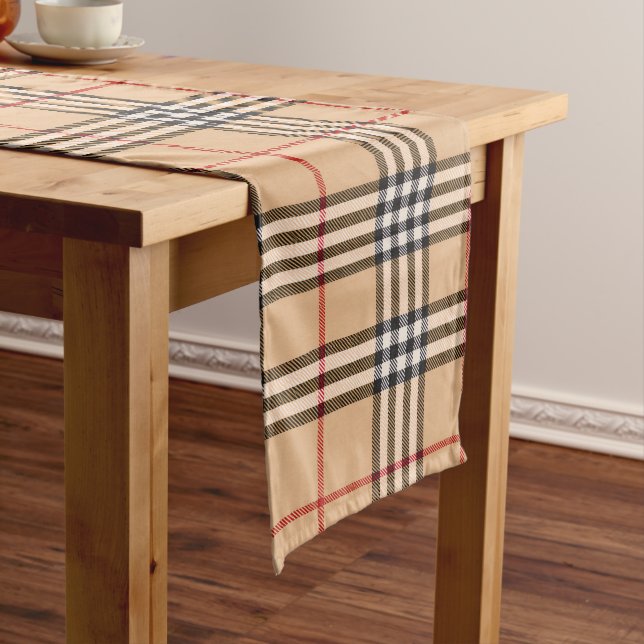 Chic Plaid Warm Tan Base White Black Brown Tartan Long Table Runner (In Situ)