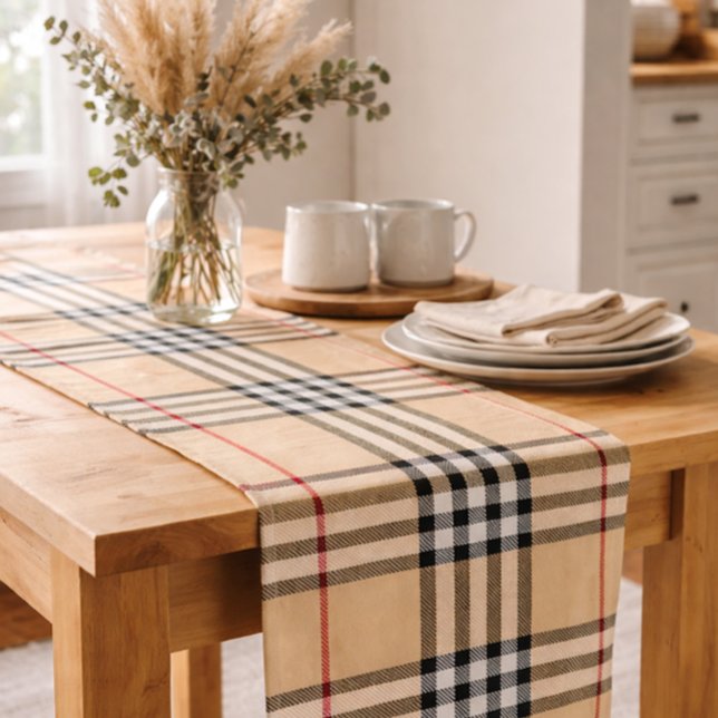 Chic Plaid Warm Tan Base White Black Brown Tartan Long Table Runner (Creator Uploaded)