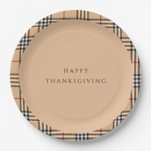 Chic Plaid Warm Tan Happy Thanksgiving Tartan Paper Plate