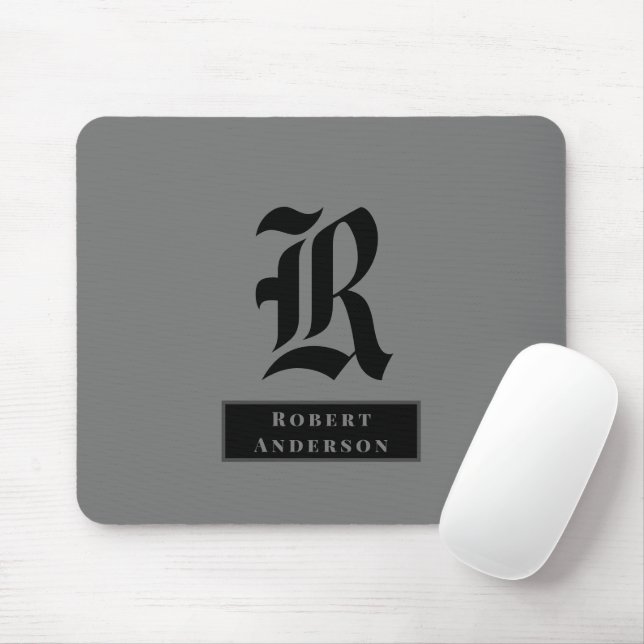 Chic Plain Grey and Black Classic Monogram Mouse Mat (With Mouse)