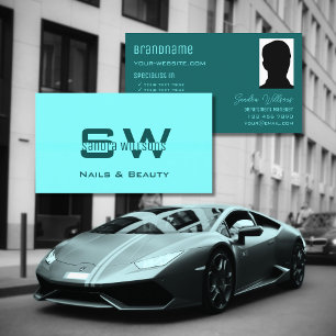 Chic Plain Light Dark Teal with Monogram and Photo Business Card