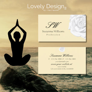 Chic Plain Peach Beige White Rose with Initials Business Card