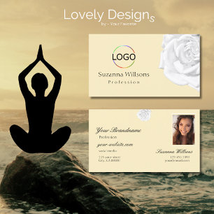 Chic Plain Peach Beige White Rose with Logo Photo Business Card