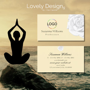 Chic Plain Peach Beige White Rose with Logo Simple Business Card