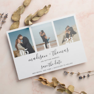 Chic Plain Script 3 Photo Wedding Save The Date Magnetic Invitation
